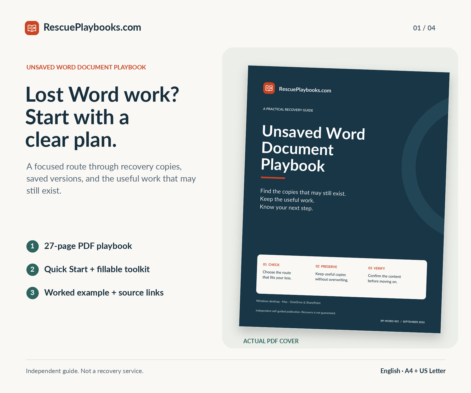 Unsaved Word Document Playbook cover from RescuePlaybooks.com with the included PDF guide and companion materials.