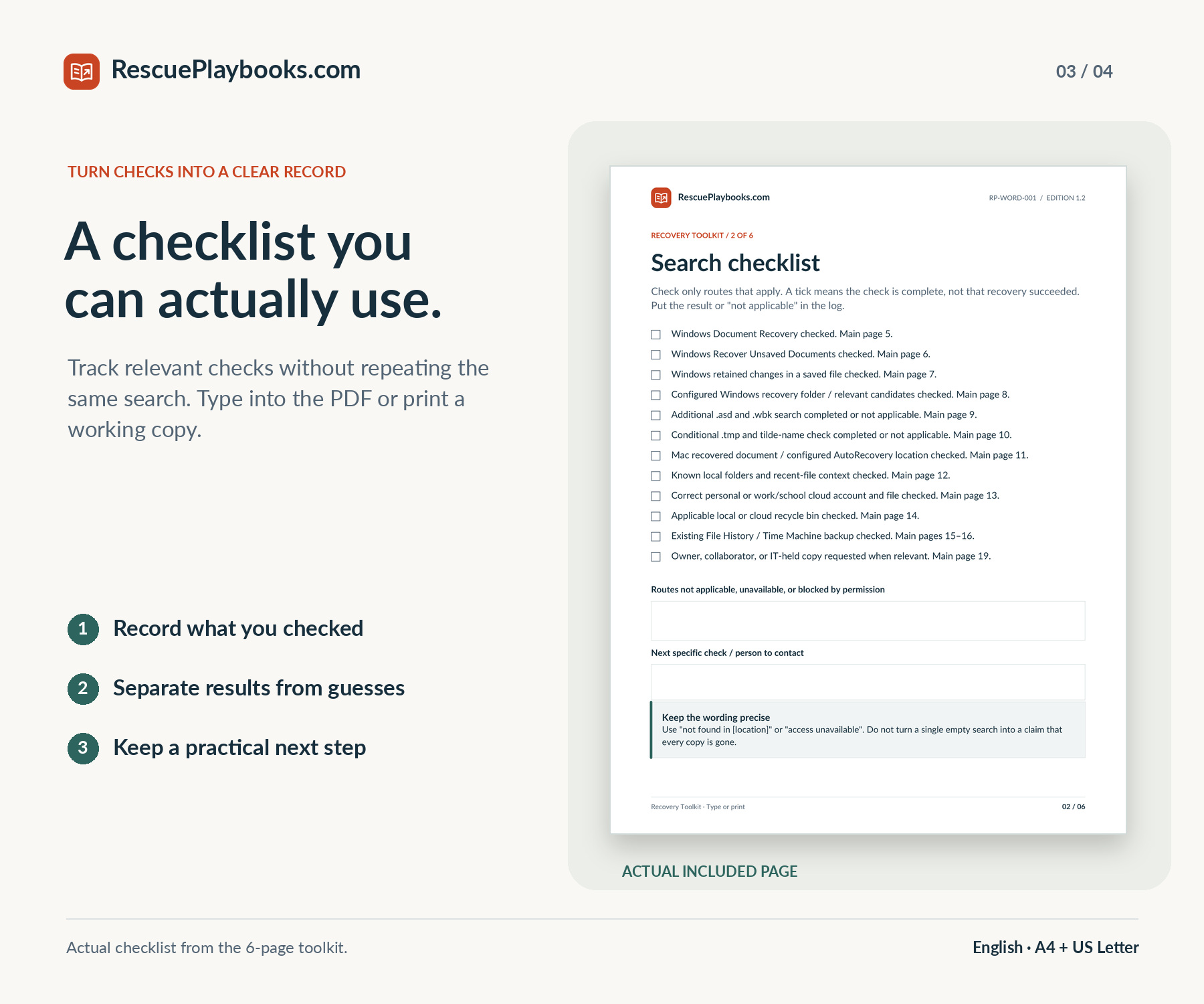 Actual fillable search checklist from the Recovery Toolkit, with relevant Windows, Mac, cloud, and backup checks.