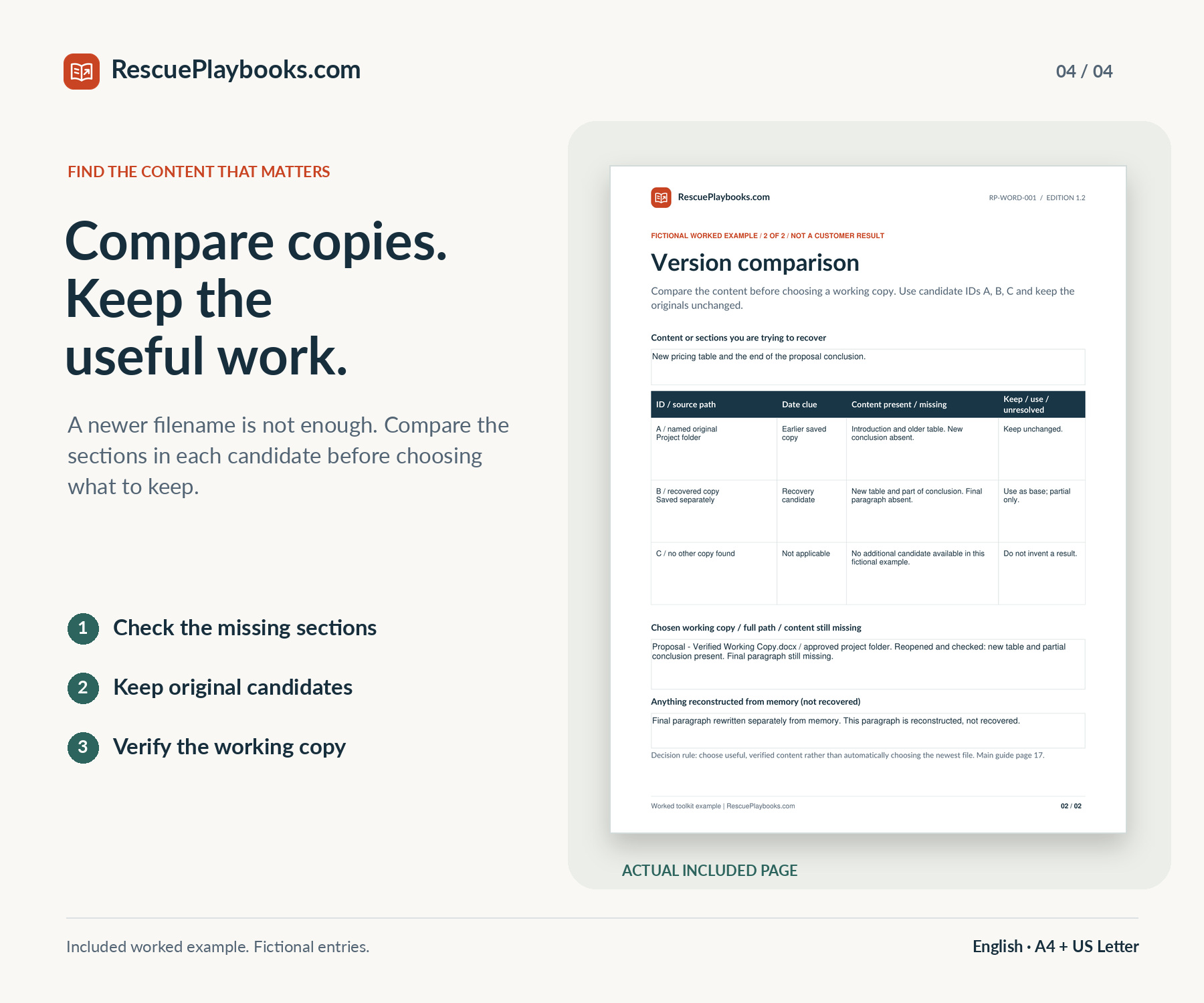 Included fictional example of the version-comparison worksheet, showing how candidate copies can contain different useful content.